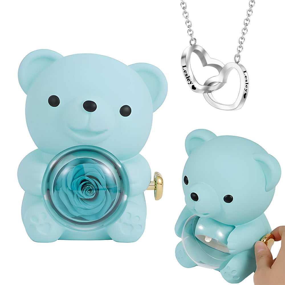 Rose Bear W/ Forever Rose & Heart Necklace