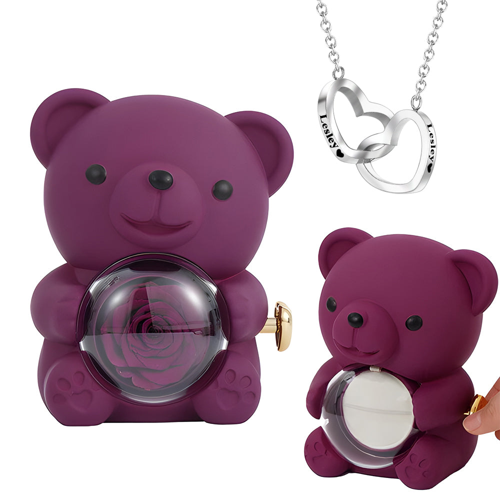 Rose Bear W/ Forever Rose & Heart Necklace