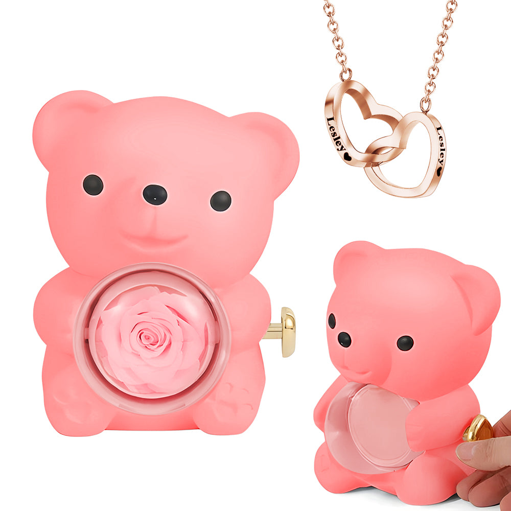 Rose Bear W/ Forever Rose & Heart Necklace