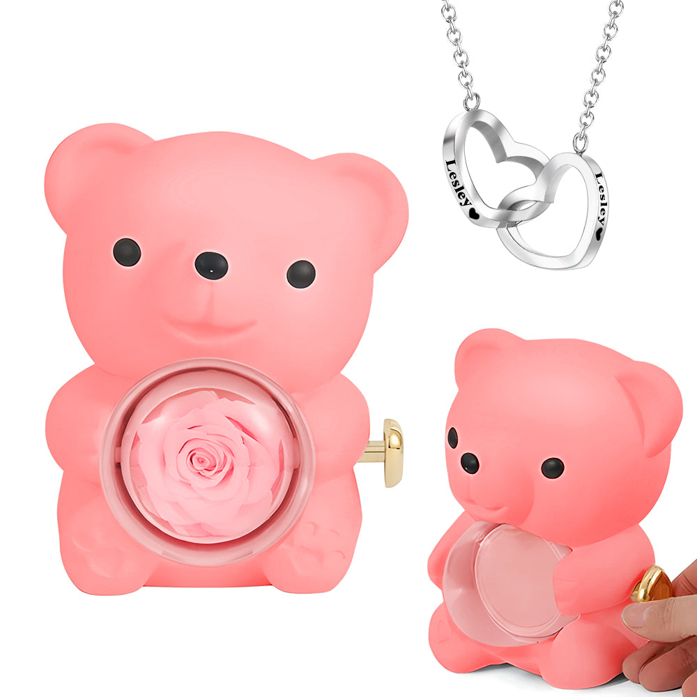 Rose Bear W/ Forever Rose & Heart Necklace